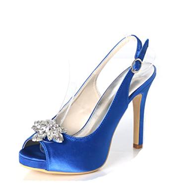Imagem de Sapatos femininos de noiva de cetim salto alto marfim stiletto peep toe sapatos com strass 35-42,Blue,3 UK/36 EU