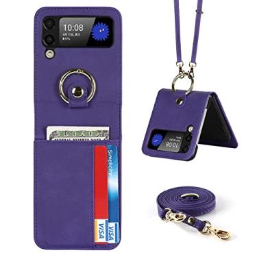 Imagem de Estojo para porta-cartões com cordão de anel de luxo capa de couro PU para Samsung Galaxy Z Flip 3 5G Capas de telefone Kickstand, roxo, para galaxy Z flip 4