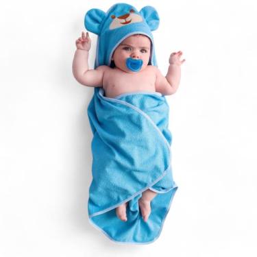 Imagem de Toalha de Banho Bordada com Capuz para Bebê - AVM Enxovais, Urso Azul