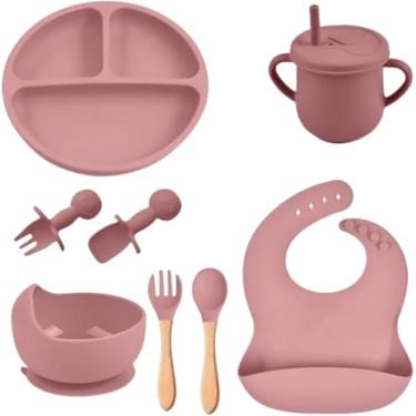 Imagem de Kit Alimentação Bebê, Introdução Alimentar, 8 Peças em Silicone, Seguro, Sem Pontas, Com Ventosa, Livre de BPA, Antibacteriano, Atóxico, Qualidade Premium (Rosa)