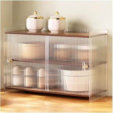 Imagem de Armário De Armazenamento De Despensa De Cozinha Para Bancada, Armário Organizador Multiuso Com 2 Portas De Acrílico Listradas Deslizantes, Despensa De Alimentos De Balcão De Mesa, Brown, C