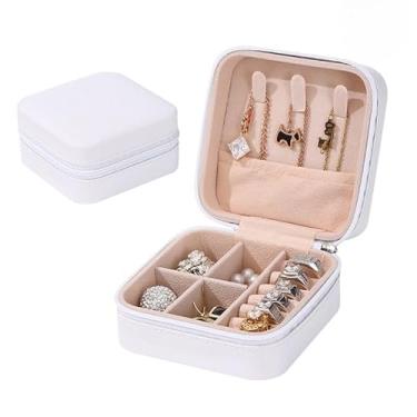 Imagem de Presente Feminino, Porta Joia Caixinha Joias para Viagem Portátil Armazenamento Anel Brinco Colar P, 10x10x5cm(BRANCO,2 PEÇAS)