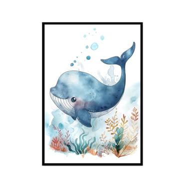 Imagem de Impressão de berçário de animais do oceano, desenho animado, tartaruga, baleia, pôster, aquarela, arte de animais marinhos, pintura em tela, decoração de parede para quarto de crianças (SKU3,12 x 45,7