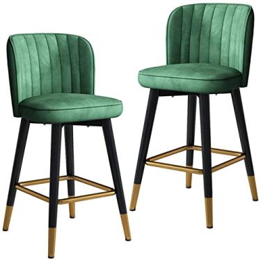 Imagem de Cadeira alta giratória de veludo encosto banco de bar 2 peças, banco de bar de recepção de balcão de cozinha doméstico com pernas pretas e apoio para os pés cromado dourado (tamanho: 75 cm, cor: verde