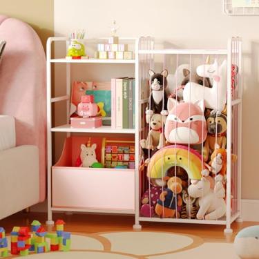 Imagem de BBLIKE Armazenamento de bichos de pelúcia – Rede de bichos de pelúcia com estante infantil e organizador de brinquedos, estante branca de 2 camadas com suporte para animais de pelúcia e baú de
