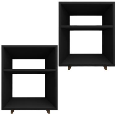 Imagem de Kit 2 Mesa Cabeceira Nicho Quarto 39x50x37 Preto Pés Amadeirados