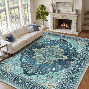 Imagem de RELEANY Area Rugs 2,5 m x 30,5 cm lavável aspirador de pó, antiderrapante, floral, vintage, estampa de angústia, tapete medalhão para sala de estar, quarto, verde-petróleo, azul lago azul turquesa