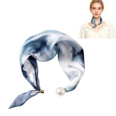 Imagem de MIUPOO Lenço de pérola magnética, lenços de cetim para mulheres, cachecol com estampa clássica, gravata elegante, cachecóis de bandanas de cabelo, 1 peça., Azul claro, 1 Count (Pack of 1)