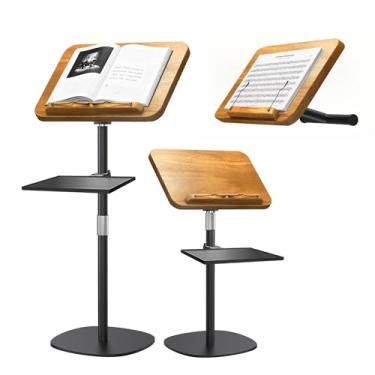 Imagem de NAMON Suporte de música de chão com bandeja e suporte de telefone – mesa de madeira maciça ajustável de 180°, altura ajustável de 41,5 a 130 centímetros - perfeito para projetores, leitura, laptops e