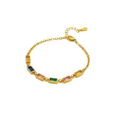 Imagem de Solza Pulseira de zircônia colorida de aço inoxidável – Joias de aço 304L banhadas a ouro 18 K com pedras de zircão cintilantes, corrente ajustável de 17 + 5 cm, pulseira de joias fashion não mancha
