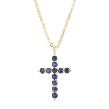 Imagem de RIZILIA Colar feminino com cruz minimalista Time-Honored com safira azul simulada de zircônia cúbica banhada a ouro 14K - pingente Faith de 45,7 cm - caixa de presente