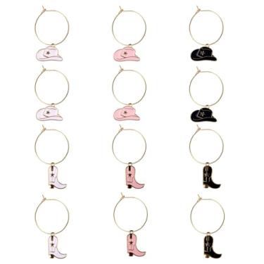 Imagem de 12 peças de pingentes fofos de taça de vinho, chapéus engraçados de botas de caubói para taças de caule, marcadores de copos de coquetel, etiquetas para lembrancinhas de festa de carnaval e