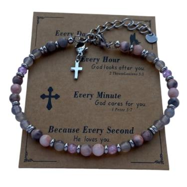 Imagem de DOLON Pulseira minimalista cristã com pingente de cruz com contas boêmia de pedra natural de 4 mm para mulheres, homens, confirmação, batismo, Páscoa, aniversário, presentes religiosos de Natal