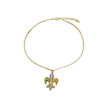 Imagem de Kokoma Colar com pingente de flor de lis de cristal para mulheres, corrente de elos florais de zircônia cúbica, ajustável, para carnaval, gargantilha moderna, acessório de joia de terça-feira gorda