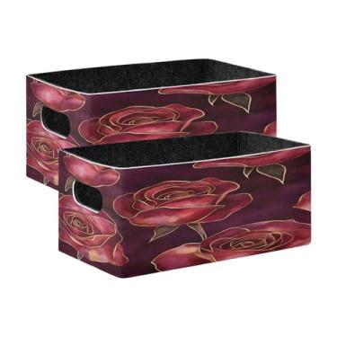 Imagem de xigua Conjunto de 2 caixas de armazenamento de rosas vermelhas em aquarela, cubo de armazenamento dobrável, organizador de cestas de armazenamento para livros, prateleiras, armário, lavanderia