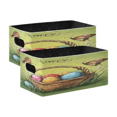 Imagem de xigua Conjunto de 2 caixas de armazenamento de ovos coloridos de Páscoa, cubo de armazenamento dobrável, organizador de cestas de armazenamento para livros, prateleiras, armário, lavanderia, berçário