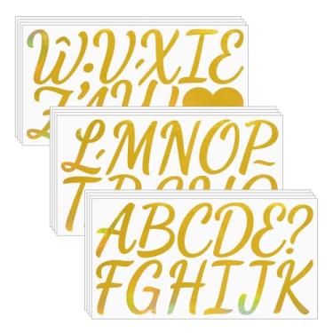 Imagem de Adesivos de letras cursivas douradas holográficas, 12 folhas grandes refletivas do alfabeto números e símbolos decalques de vinil, à prova d'água, letras pré-cortadas de 6,3 cm para placas, festas