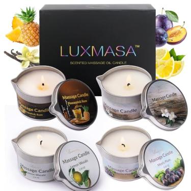 Imagem de Vela de massagem para spa doméstico, pacote com 4 velas perfumadas de óleo de massagem de soja de baixa temperatura, incrível conjunto de presente 380 g (aromas: ameixa mística, âmbar baunilha, wasabi