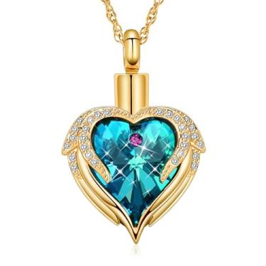 Imagem de shajwo Joias de cremação Colar de urna de coração com asa de anjo para cinzas para mulheres pingente de cinzas de animais de estimação humano memorial, Aço inoxidável, aço inoxidável