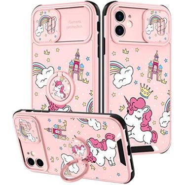 Imagem de Goocrux Capa (2 em 1) para iPhone 12 para meninas desenho animado Kawaii unicórnio arco-íris feminino capa de telefone bonito design exclusivo com capa de câmera deslizante + suporte de anel rosa capas para iPhone12 6,1 polegadas