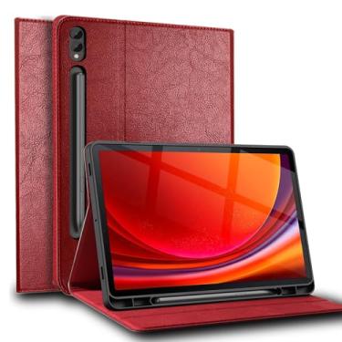 Imagem de Gexmil Capa de couro para Samsung Galaxy 14,6 polegadas, TAB S9 Ultra 2023 capa de couro genuíno com suporte para lápis, capa fólio de couro bovino hibernar/despertar automático, anti-impressão digital, vinho tinto