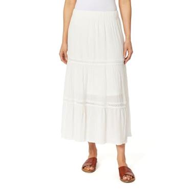 Imagem de WallFlower Saia maxi feminina Carmen de raiom enrugado em camadas com crochê, Branca de Neve, P