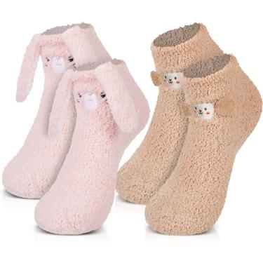 Imagem de Yearntown Pacote com 2 meias fofas de animais felpudas para mulheres, meninas, presente de inverno, quentes, macias, macias, meias antiderrapantes, marrom, rosa, 9