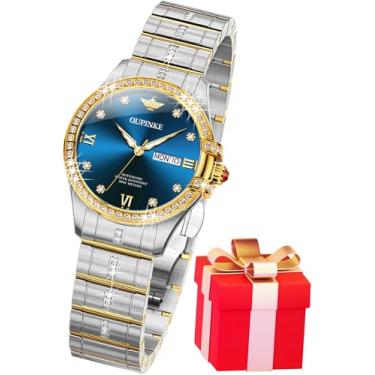 Imagem de OUPINKE Relógios femininos automáticos diamante elegante relógio de pulso esqueleto mecânico automático à prova d'água luminoso presentes femininos, L3195: Pulseira de dois tons e mostrador azul