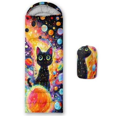 Imagem de QOOMO Sacos de dormir de acampamento com estampa de gato preto, 3 estações, clima quente e frio, leve, sacos de dormir à prova d'água para adultos e crianças, viagens e ao ar livre, equipamentos de