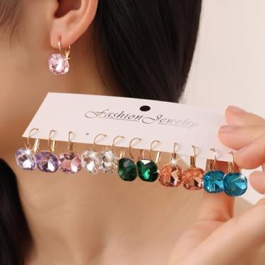 Imagem de Conjunto de 6 pares/conjunto de brincos de cristal quadrados coloridos para mulheres, brincos geométricos de strass, joias modernas de liga leve e luxuosa, Medium, Metal, Sem pedra preciosa
