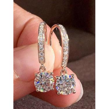 Imagem de Brincos de argola minimalistas de zircônia cúbica, brincos pendentes de pedra redonda brilhante para mulheres, joias elegantes para uso diário e festa, Medium, Cobre, Zircônia