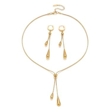 Imagem de RINHOO FRIENDSHIP Conjunto de joias delicadas banhadas a ouro para mulheres - Colar hipoalergênico ajustável com pingente de lágrima de lágrima brincos elegantes minimalistas presentes modernos para
