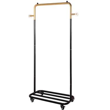 Imagem de Cabide independente com 2 ganchos e prateleiras, organizador de roupas de metal resistente sobre rodas para pendurar roupas, suporte de roupas para quarto e escritório (tamanho: 98X32X1