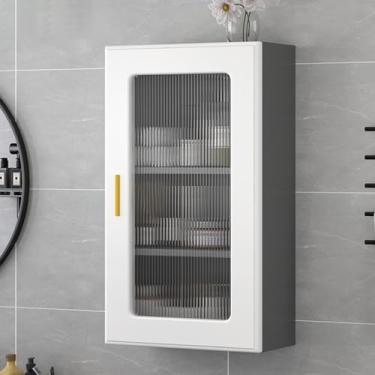 Imagem de Armário de parede moderno para banheiro com porta de vidro, organizador de armazenamento de madeira de 2/3 camadas, suporte de exibição flutuante elegante para maquiagem, cozinha e sala de jantar