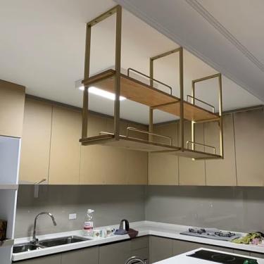 Imagem de Prateleiras flutuantes montadas no teto industrial, prateleira de 2 camadas, cabide de teto de cozinha/rack de armazenamento, prateleiras de panela, prateleira decorativa para plantador de flores