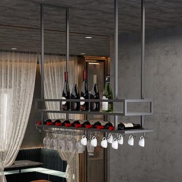 Imagem de Rack de copo de vinho de teto, rack de vinho suspenso com suporte de vidro, rack de vinho de parede industrial de 2 camadas, suporte de garrafa de vinho de teto de metal, prateleira flutuante para bar
