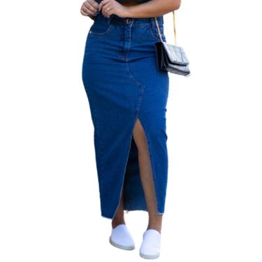 Imagem de Saia Jeans Longa Feminina Cintura Alta Com fenda Azul Escuro