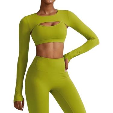 Imagem de Blusas de treino femininas de manga comprida Bolero com capuz super cropped recortadas camisetas atléticas para ioga, Gola redonda curta - verde matcha, P