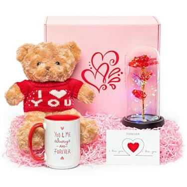 Imagem de Ultimate Love Box Conjunto de presente de 4 peças (caneca de cerâmica de 425 g, urso de pelúcia, rosa vermelha LED, cartão de presente). Ideal para namorada, namorado, esposa, marido, mãe, pai,