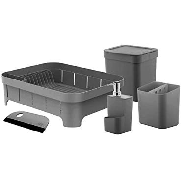 Imagem de Kit Completo Sobre a Pia 5 Peças Lixeira Escorredor Rodo Ou Cor:Cinza