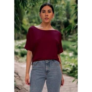 Imagem de Blusa Básica Morcego Malha Gola Canoa Manga Curta Bordô - P-Veste do 38 ao 40-Feminino