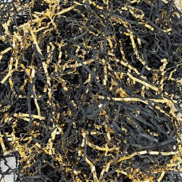 Imagem de Acoeitl Papel enrugado preto e dourado de 150 g, papel de confete desfiado para cestas de presente, caixas e sacos de papel cortado enrugado, cesta de enchimento de grama para enchimento de caixa de
