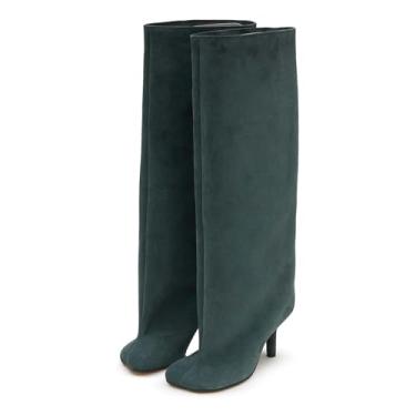 Imagem de RJYLP Botas Verdes De Cano Alto Femininas, Cano Largo, Salto Gatinho, Bico Quadrado, Camurça, Stiletto, Botas Longas Para Montaria, Damasco