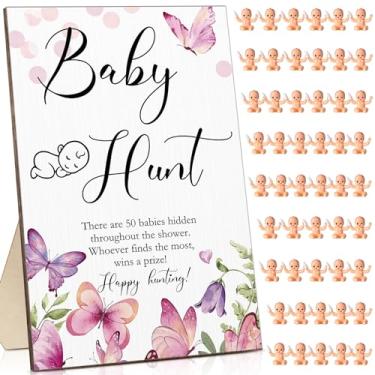 Imagem de Roowest 51 peças de jogos de chá de bebê incluem placa de madeira para caça de bebê, 50 mini bebês de plástico pequenos meninos meninas jogos de chá de bebê revelar lembrancinhas de festa prêmios de