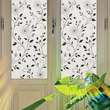Imagem de Starlit Patio Película de janela floral preta e branca com aderência estática, adesivo de vidro de privacidade, sem cola, padrão de videira fosca, capa de janela para sala de estar, escritório