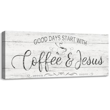 Imagem de Placa decorativa cristã de café bar - Good Days Start with Coffee & Jesus - Placa rústica de lona para pendurar na parede para decoração de casa cozinha bar estação café loja balcão decoração 15 x 43
