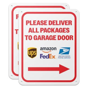 Imagem de 101SIGNCITY - 20 x 25 cm, 2 unidades, placa de entrega de embalagem de alumínio - Por favor, entregue todos os pacotes para placa de porta de garagem com película protetora para uso ao ar livre
