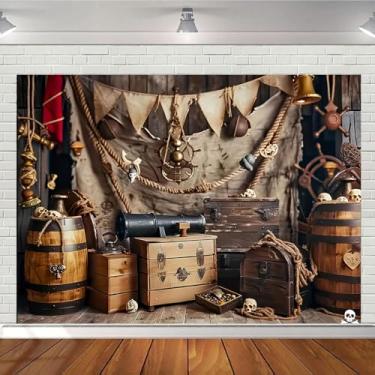 Imagem de Pano de fundo de navio pirata leme de madeira baús de tesouro fundo barril de tesouro decoração tema Halloween festa menino festa aniversário chá de bebê adereço de cabine de fotos (2,8 x 1,5 m)