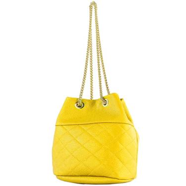 Imagem de modamoda de T245/T246 Bolsa feminina de couro italiano, fecho de corrente dourada, 20 x 14 cm, Amarelo sol/couro, Small