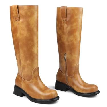 Imagem de Zzheels Botas femininas cano alto bico quadrado salto baixo grosso zíper botas altas botas campus, Marrom claro, 39